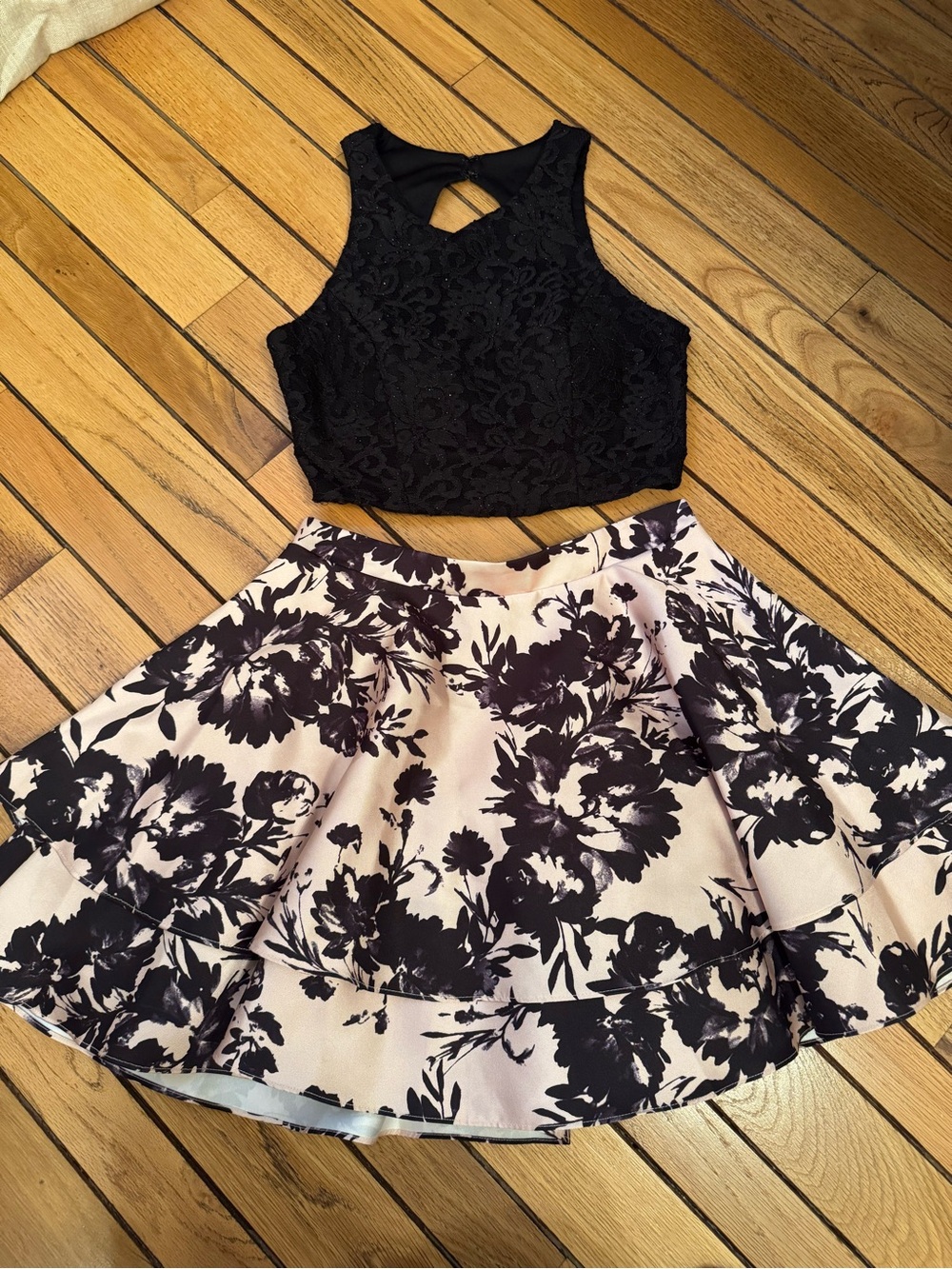 City Triangles Black Lace Crop Top & Pink Floral Skirt